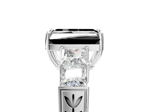 White gold Fancy Black Radiant Cut Solitaire Princess Side Stone Engraved Band Prong Setting Ring_17