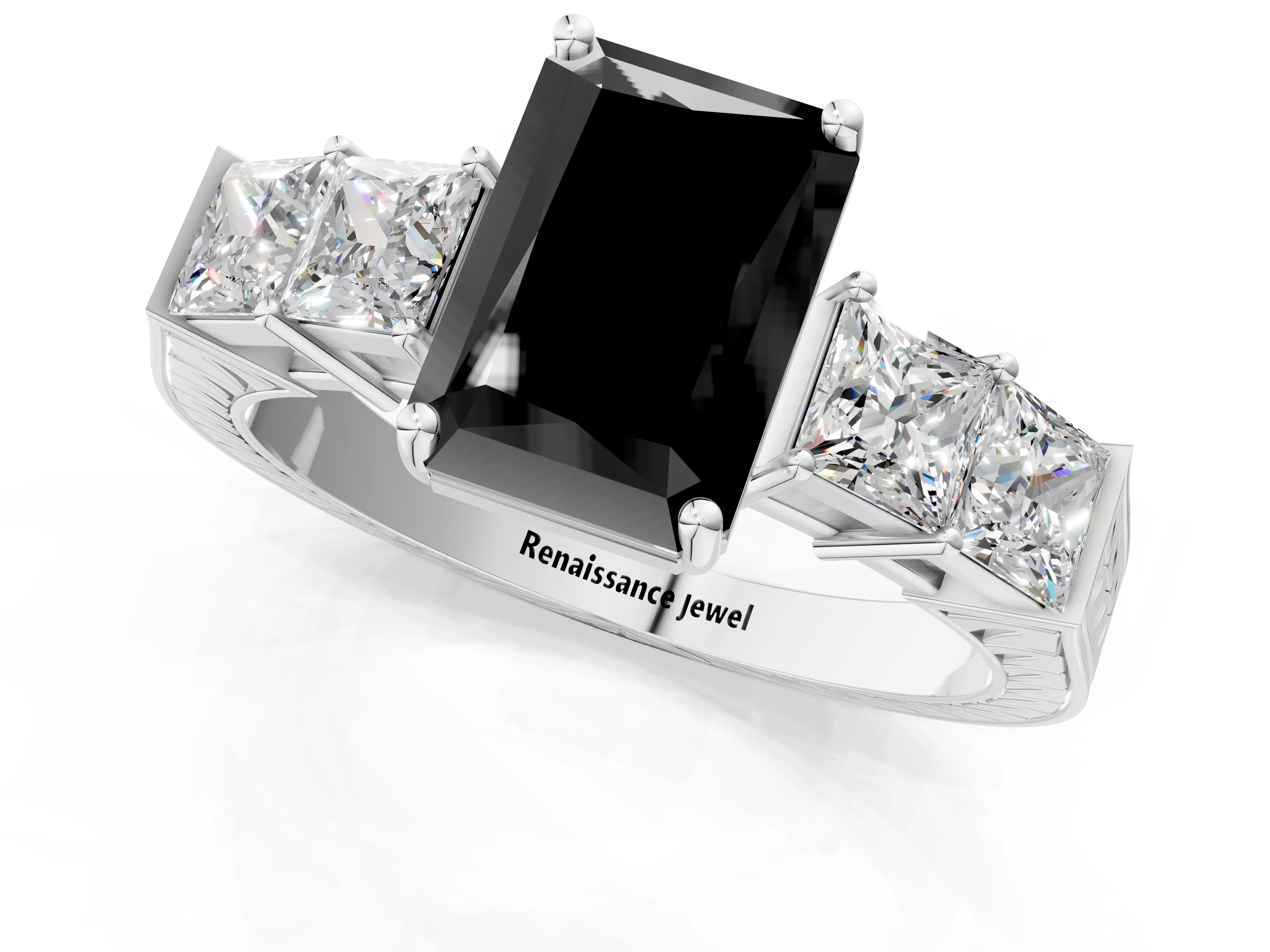 White gold Fancy Black Radiant Cut Solitaire Princess Side Stone Engraved Band Prong Setting Ring_1