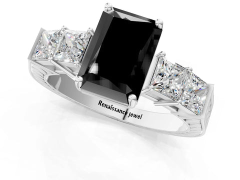 White gold Fancy Black Radiant Cut Solitaire Princess Side Stone Engraved Band Prong Setting Ring_1