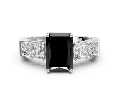 White gold Fancy Black Radiant Cut Solitaire Princess Side Stone Engraved Band Prong Setting Ring