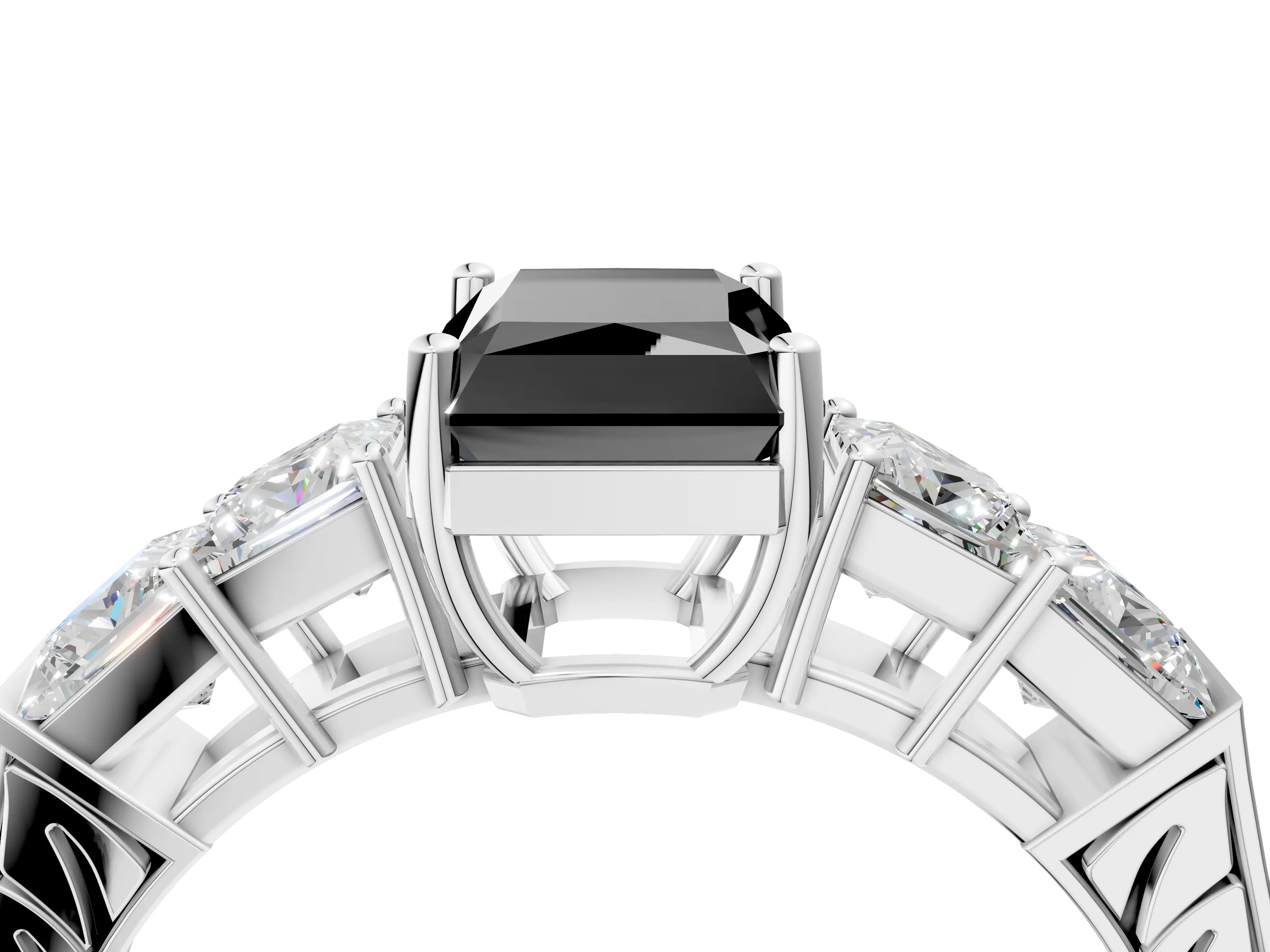 White gold Fancy Black Radiant Cut Solitaire Princess Side Stone Engraved Band Prong Setting Ring_4