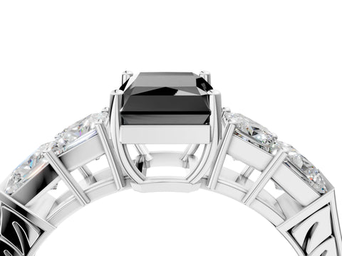 White gold Fancy Black Radiant Cut Solitaire Princess Side Stone Engraved Band Prong Setting Ring_4