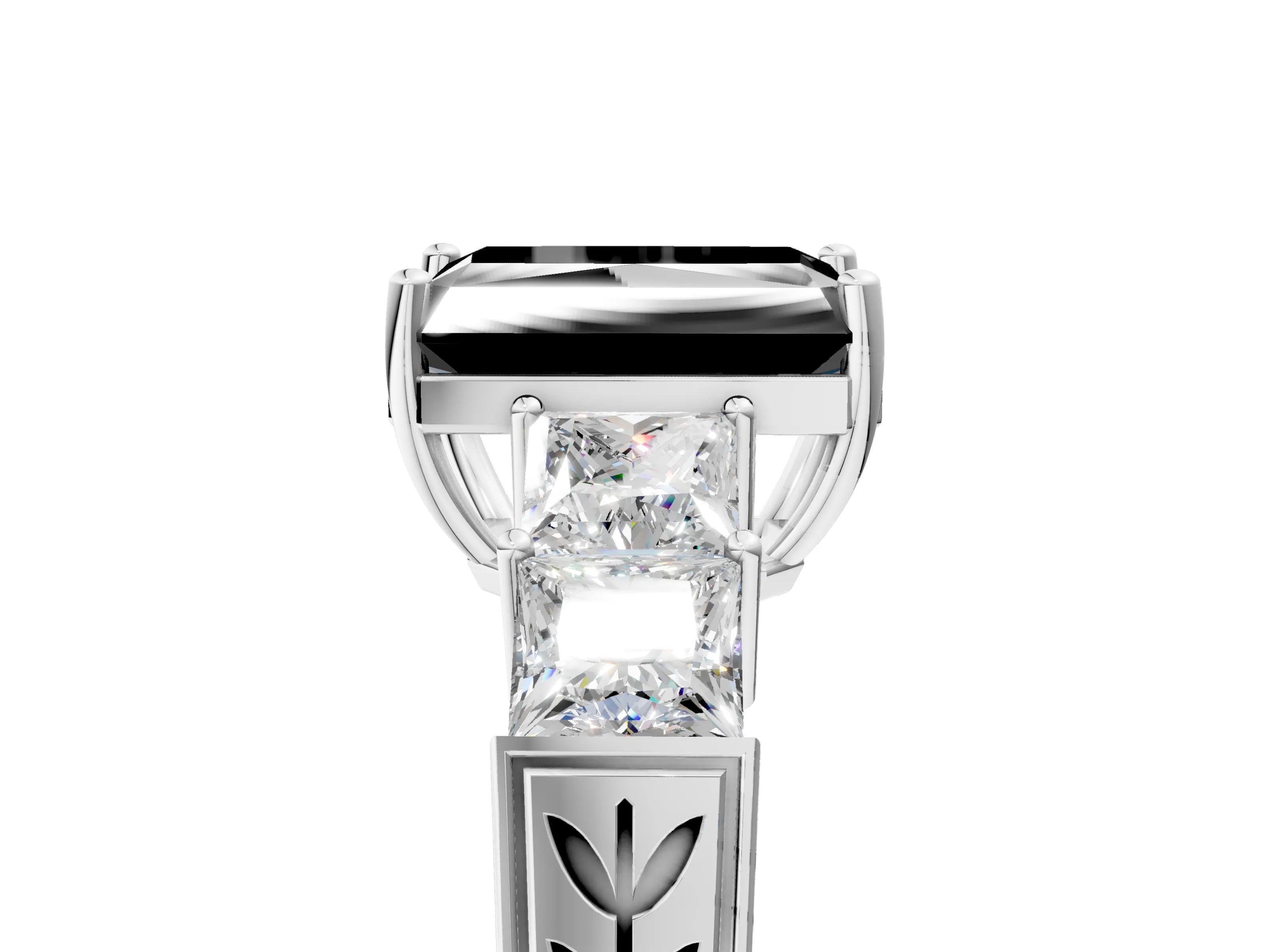 White gold Fancy Black Radiant Cut Solitaire Princess Side Stone Engraved Band Prong Setting Ring_5