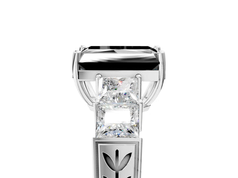 White gold Fancy Black Radiant Cut Solitaire Princess Side Stone Engraved Band Prong Setting Ring_5
