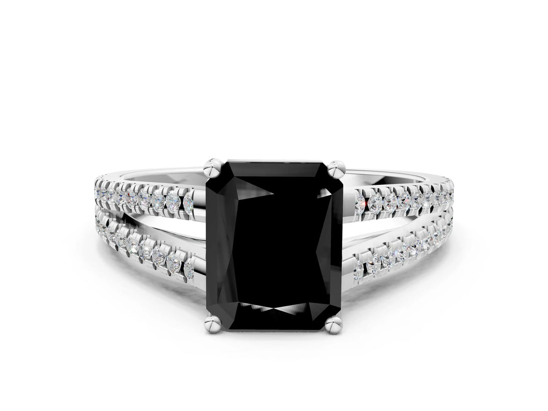 White gold Fancy Black Radiant Cut Solitaire Split Shank Pavé Diamond Engagement Ring
