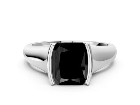 White gold Fancy Black Radiant Cut Solitaire Tension Set Diamond Ring with Split Shank Band