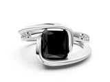 White gold Fancy Black Radiant Cut Solitaire Tension-Set Diamond Split Shank Ring