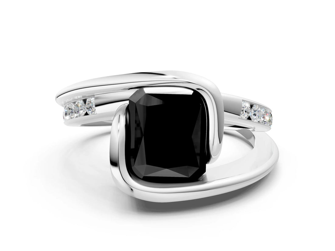 White gold Fancy Black Radiant Cut Solitaire Tension-Set Diamond Split Shank Ring