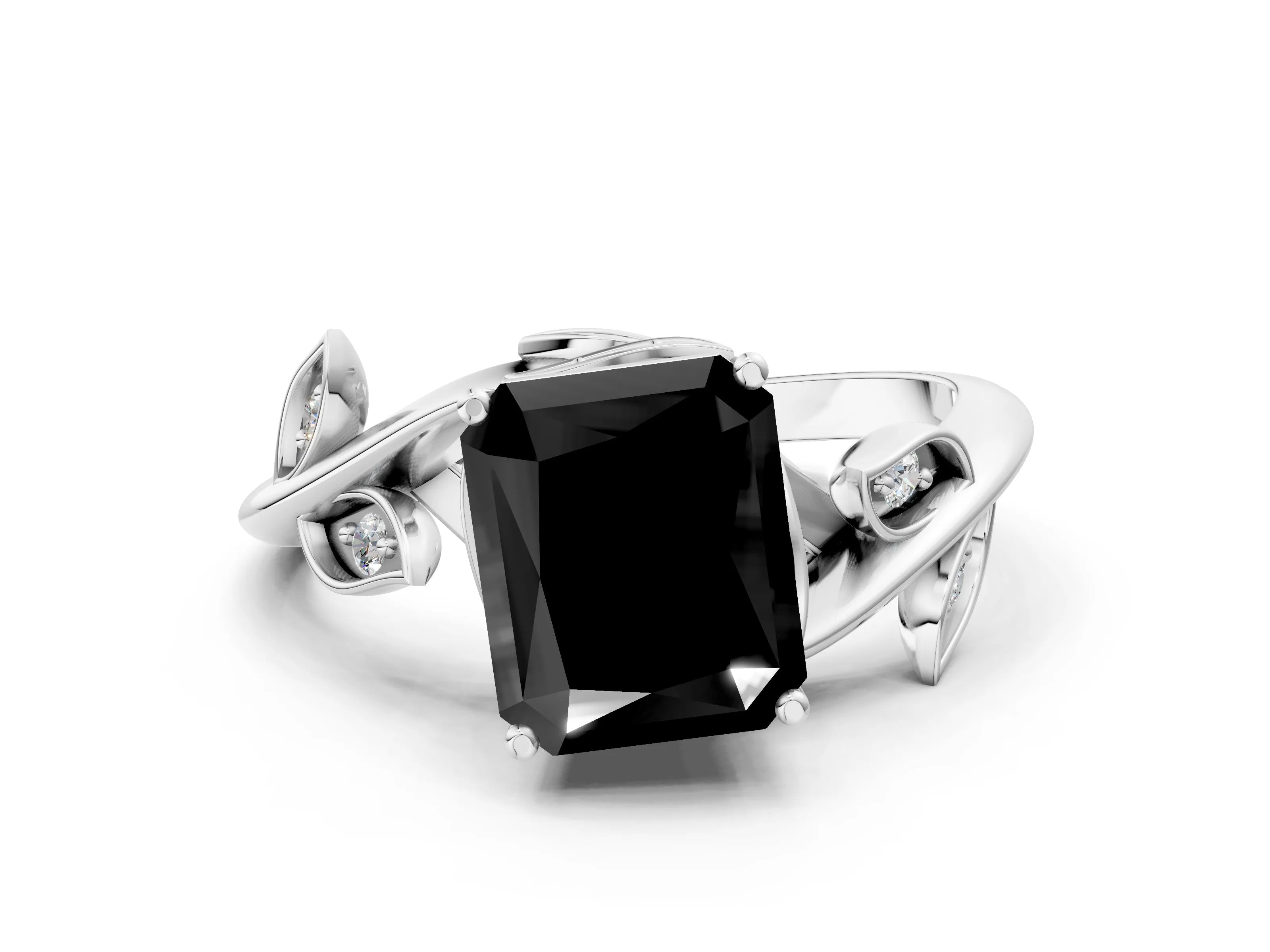 White gold Fancy Black Radiant Cut Solitaire Twist Engagement Ring with Leaf Accents and Prong Setting_12