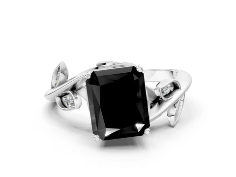 White gold Fancy Black Radiant Cut Solitaire Twist Engagement Ring with Leaf Accents and Prong Setting_12
