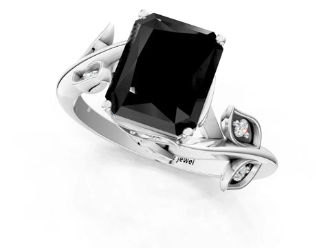 White gold Fancy Black Radiant Cut Solitaire Twist Engagement Ring with Leaf Accents and Prong Setting_13