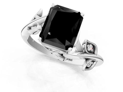 White gold Fancy Black Radiant Cut Solitaire Twist Engagement Ring with Leaf Accents and Prong Setting_13