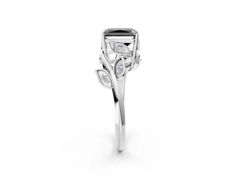 White gold Fancy Black Radiant Cut Solitaire Twist Engagement Ring with Leaf Accents and Prong Setting_14