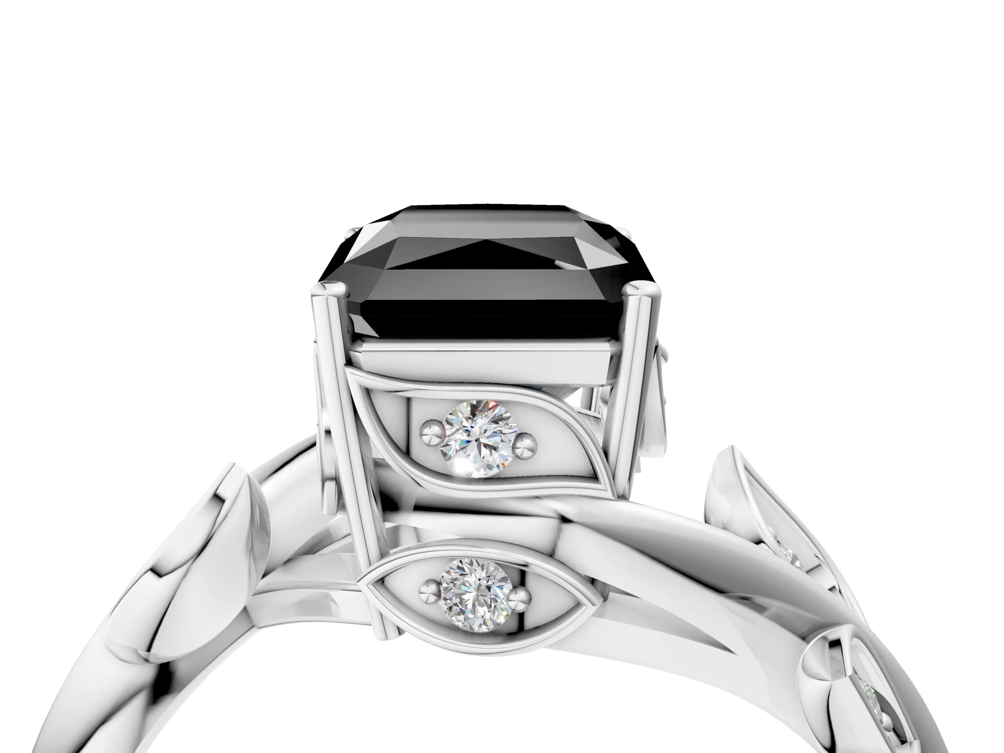 White gold Fancy Black Radiant Cut Solitaire Twist Engagement Ring with Leaf Accents and Prong Setting_16
