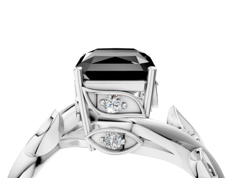 White gold Fancy Black Radiant Cut Solitaire Twist Engagement Ring with Leaf Accents and Prong Setting_16