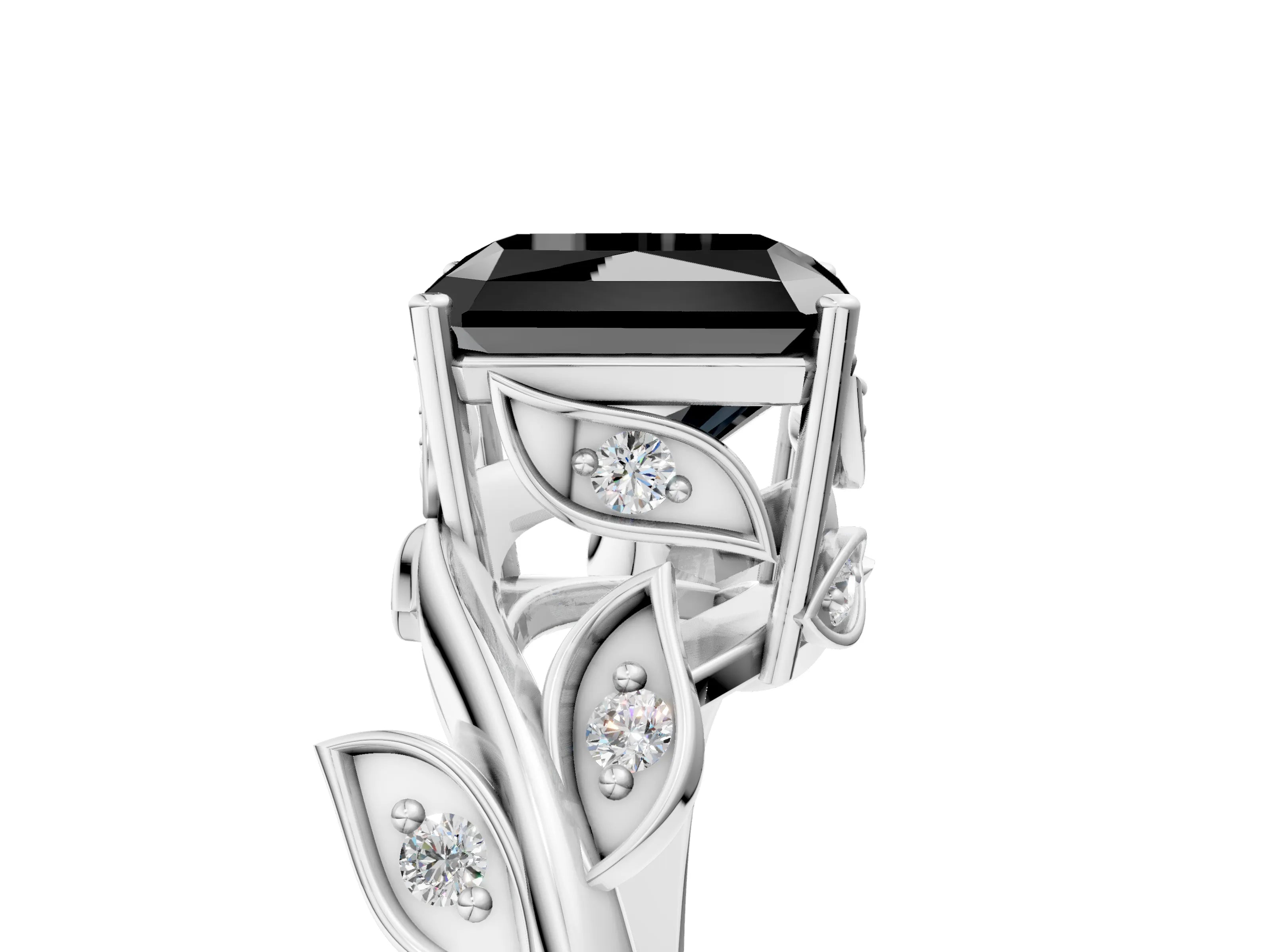 White gold Fancy Black Radiant Cut Solitaire Twist Engagement Ring with Leaf Accents and Prong Setting_17