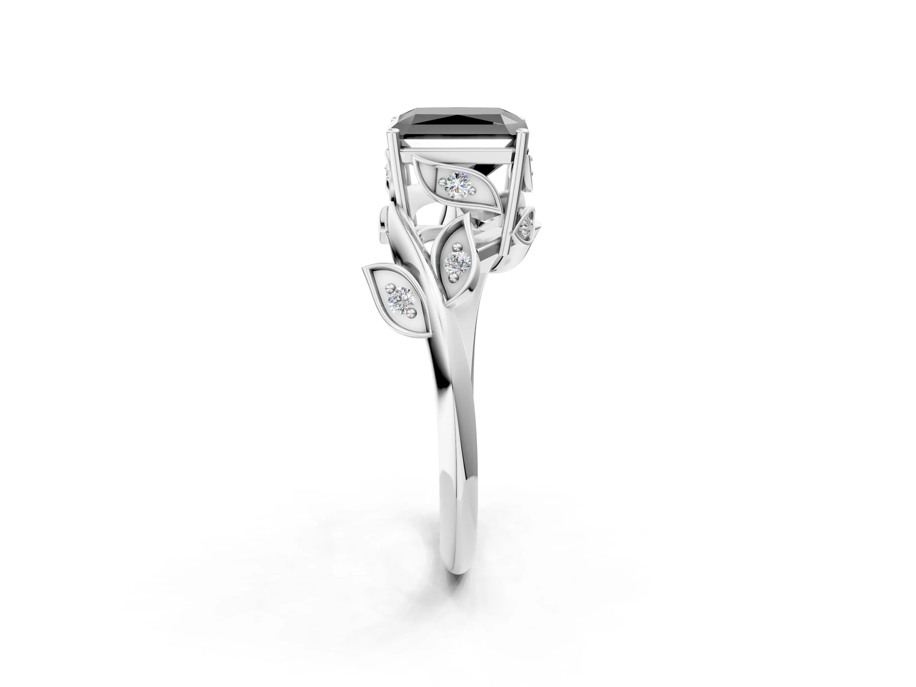 White gold Fancy Black Radiant Cut Solitaire Twist Engagement Ring with Leaf Accents and Prong Setting_2