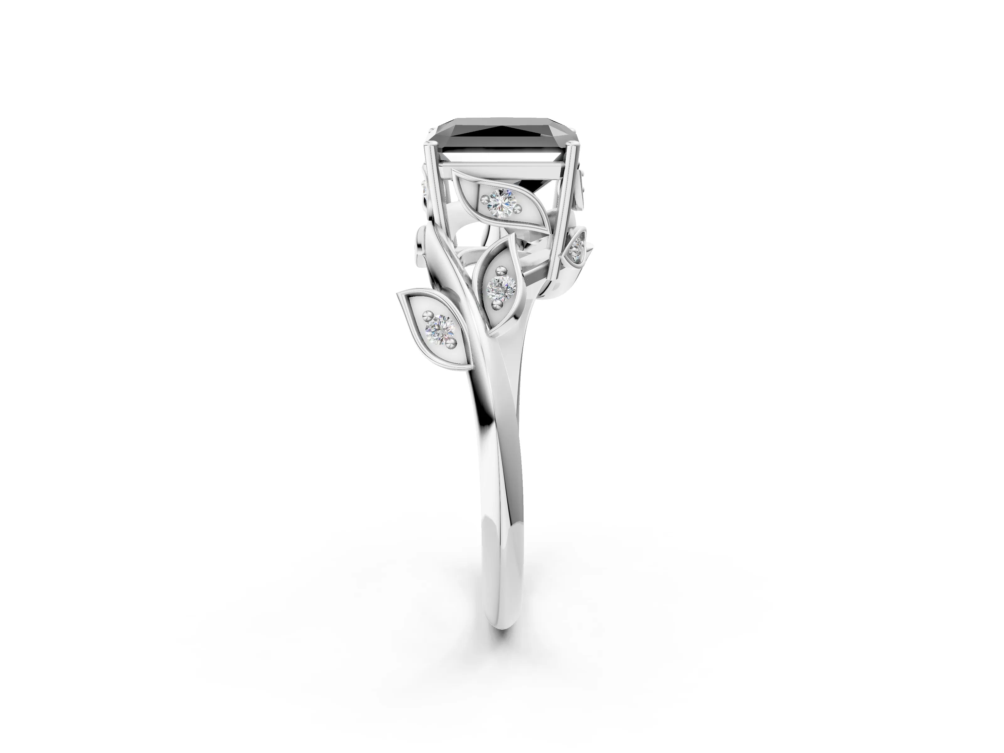 White gold Fancy Black Radiant Cut Solitaire Twist Engagement Ring with Leaf Accents and Prong Setting_3