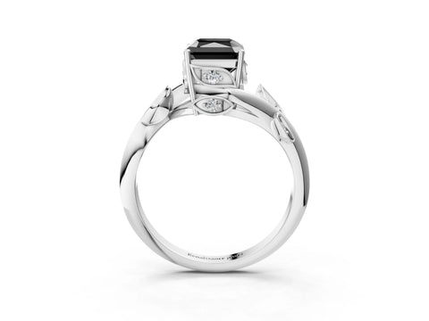 White gold Fancy Black Radiant Cut Solitaire Twist Engagement Ring with Leaf Accents and Prong Setting_4