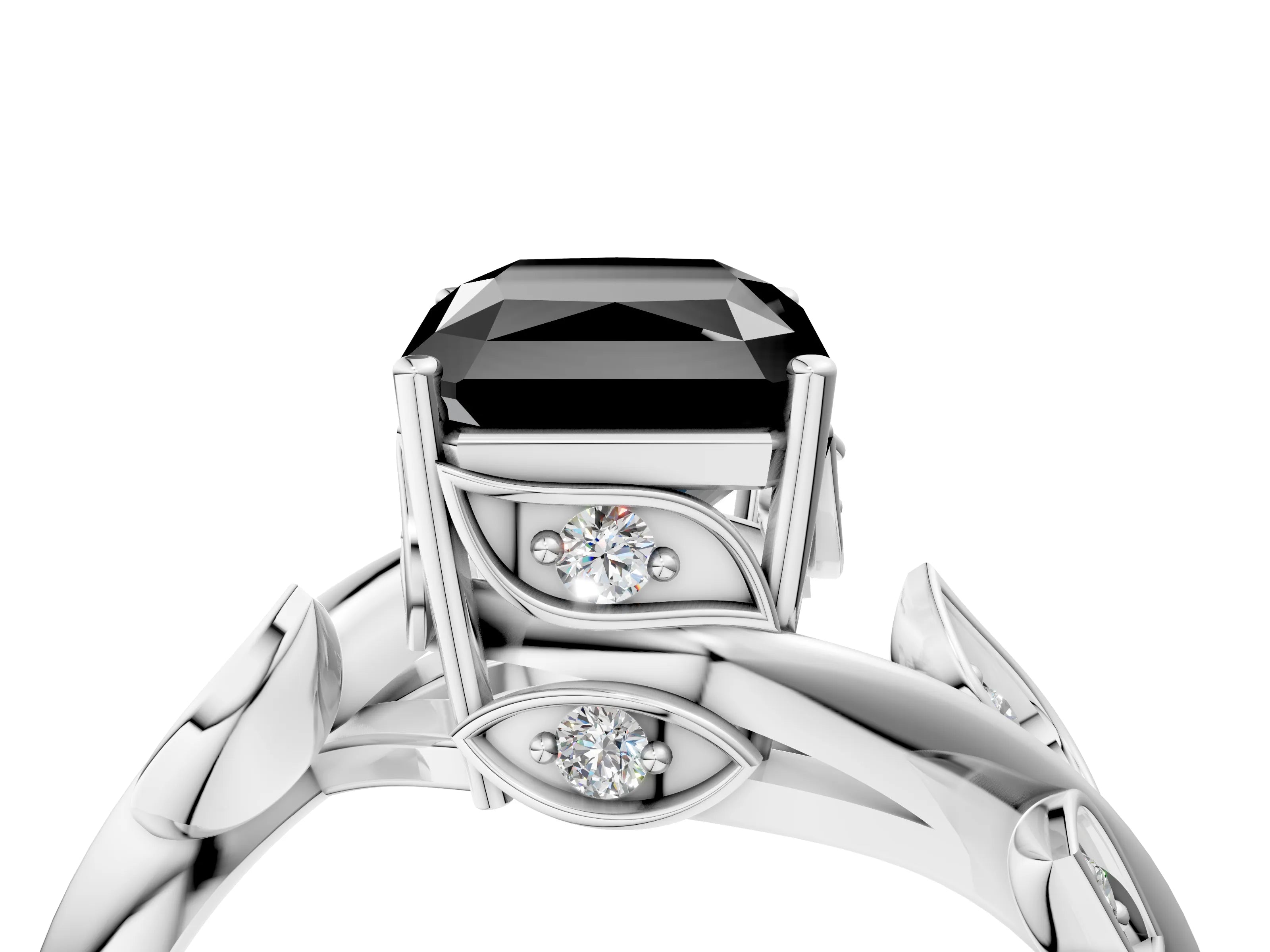 White gold Fancy Black Radiant Cut Solitaire Twist Engagement Ring with Leaf Accents and Prong Setting_5
