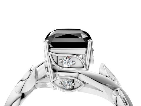 White gold Fancy Black Radiant Cut Solitaire Twist Engagement Ring with Leaf Accents and Prong Setting_5