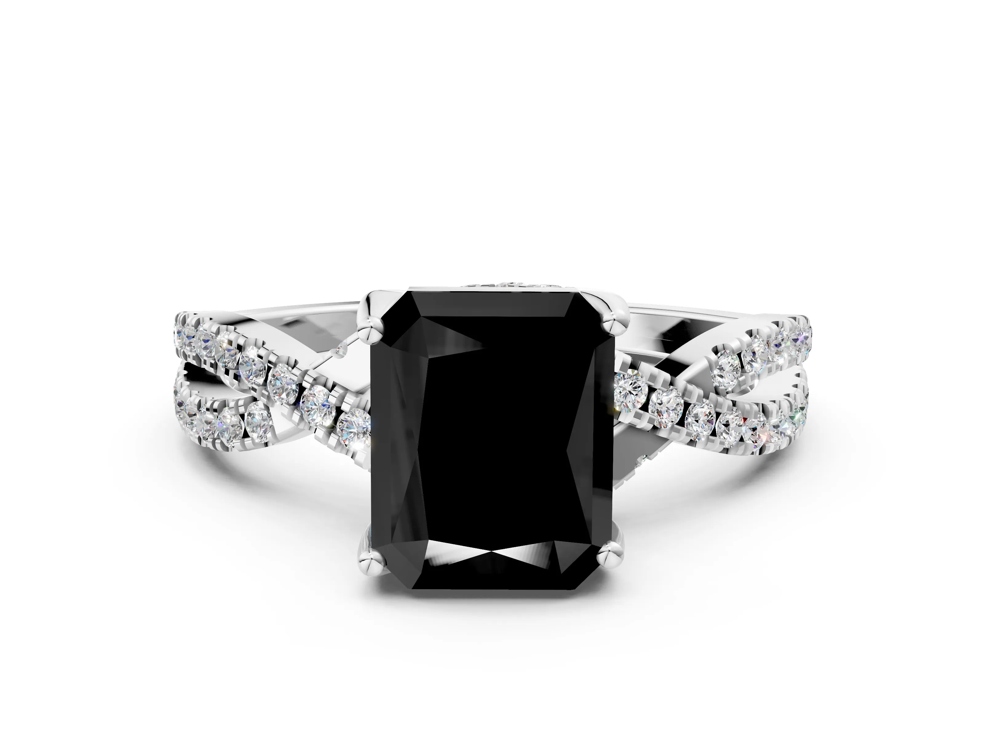 White gold Fancy Black Radiant Cut Solitaire Twist Pave Diamond Engagement Ring with Prong Setting