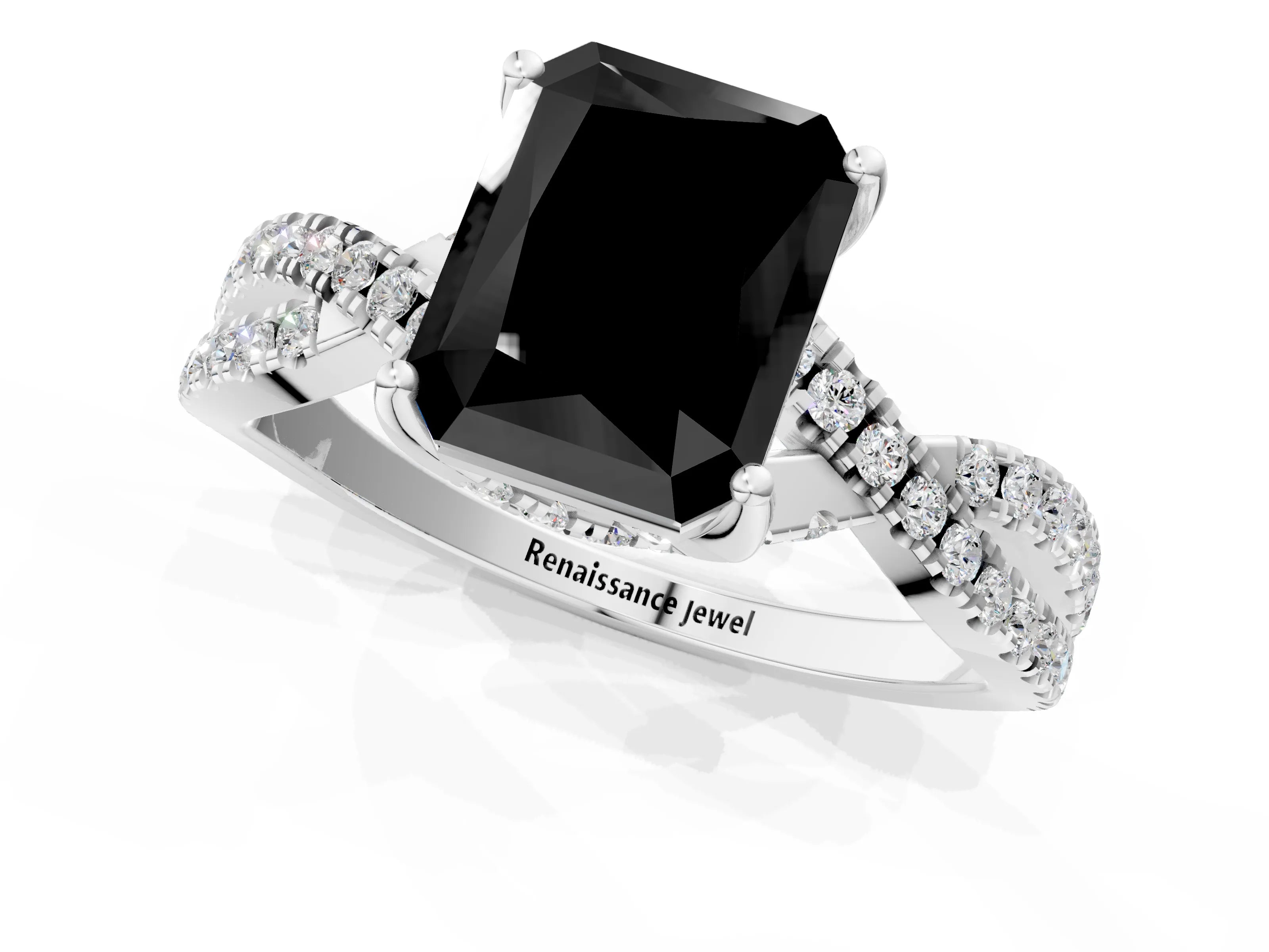 White gold Fancy Black Radiant Cut Solitaire Twist Pave Diamond Engagement Ring with Prong Setting_1