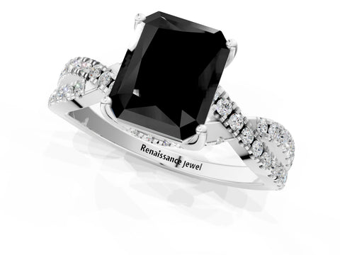White gold Fancy Black Radiant Cut Solitaire Twist Pave Diamond Engagement Ring with Prong Setting_1