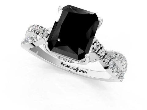 White gold Fancy Black Radiant Cut Solitaire Twist Pave Diamond Engagement Ring with Prong Setting_1