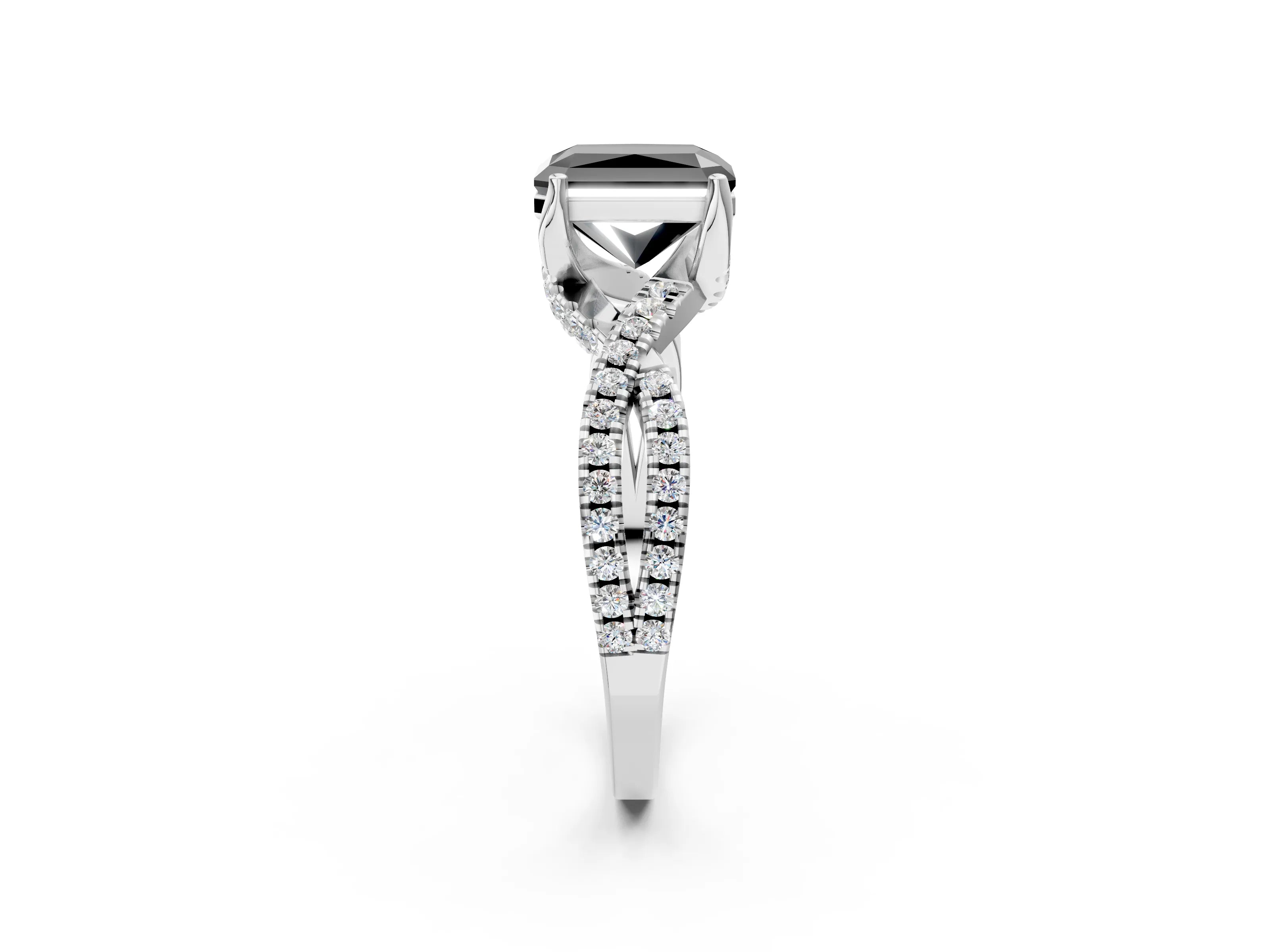 White gold Fancy Black Radiant Cut Solitaire Twist Pave Diamond Engagement Ring with Prong Setting_2