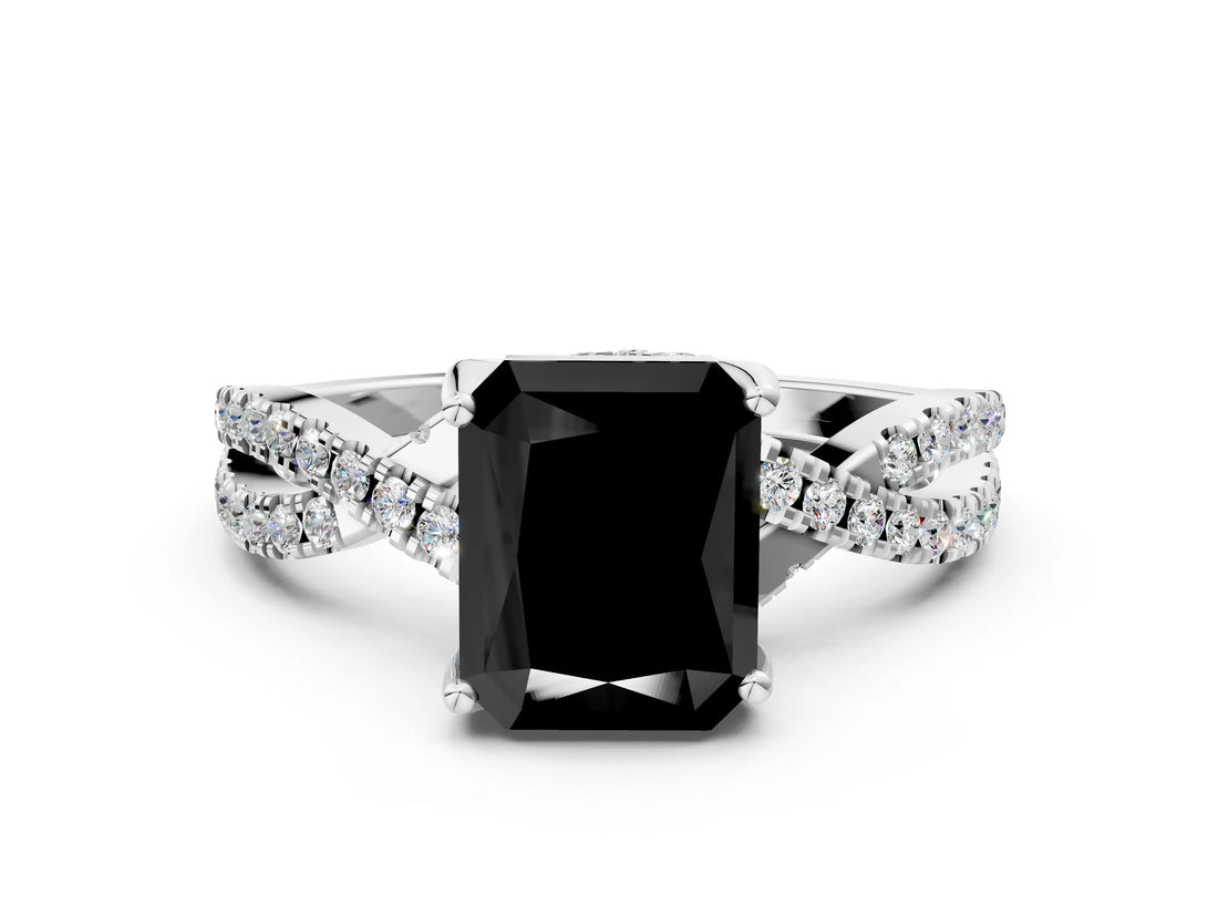 White gold Fancy Black Radiant Cut Solitaire Twist Pave Diamond Engagement Ring with Prong Setting_24