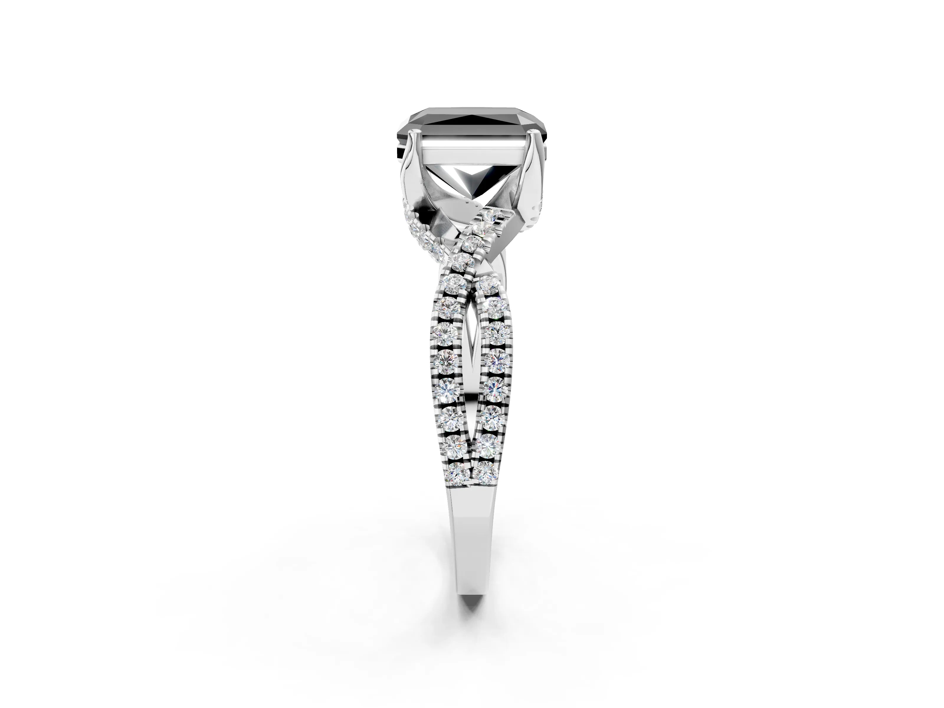 White gold Fancy Black Radiant Cut Solitaire Twist Pave Diamond Engagement Ring with Prong Setting_2
