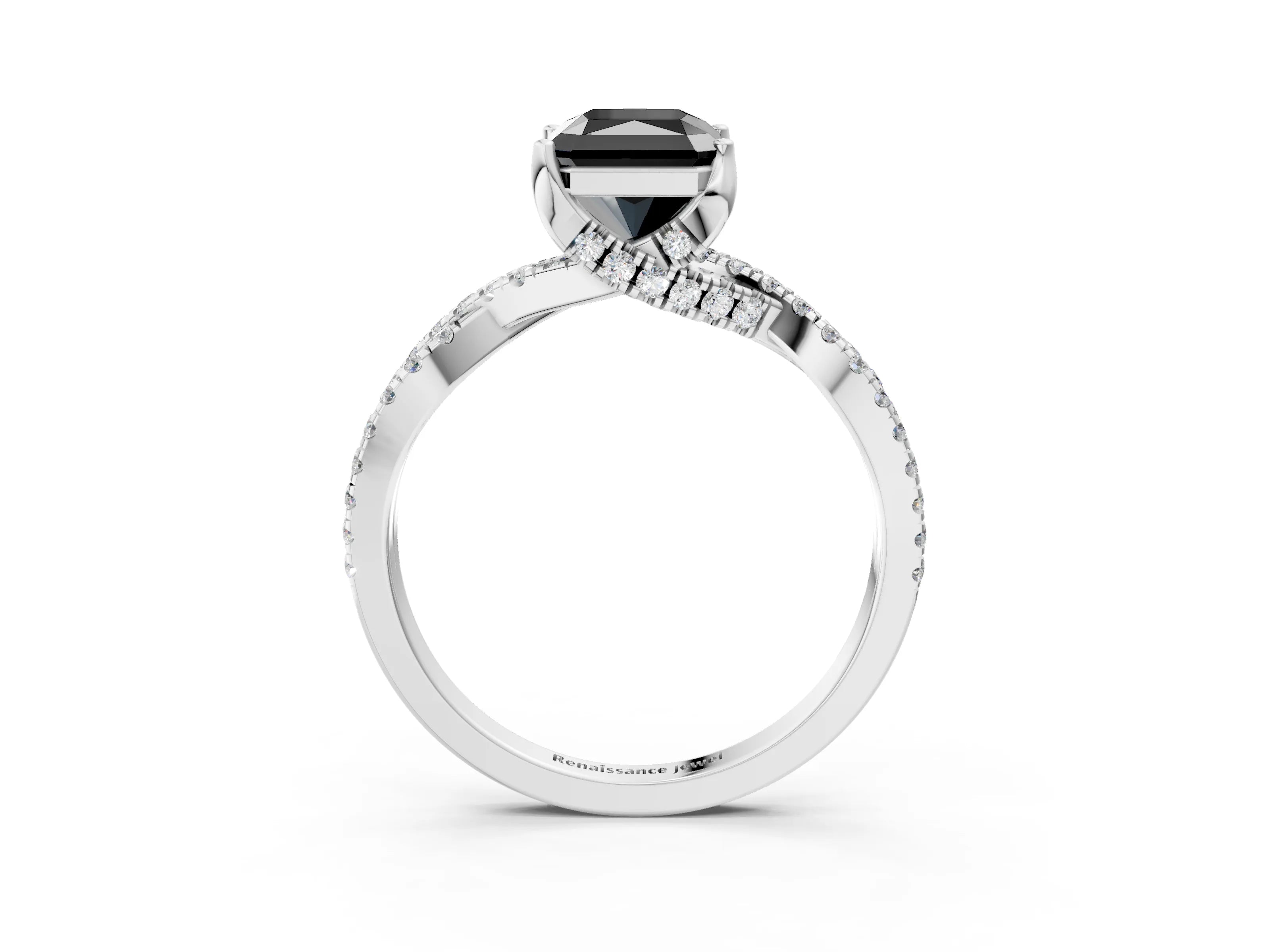 White gold Fancy Black Radiant Cut Solitaire Twist Pave Diamond Engagement Ring with Prong Setting_3