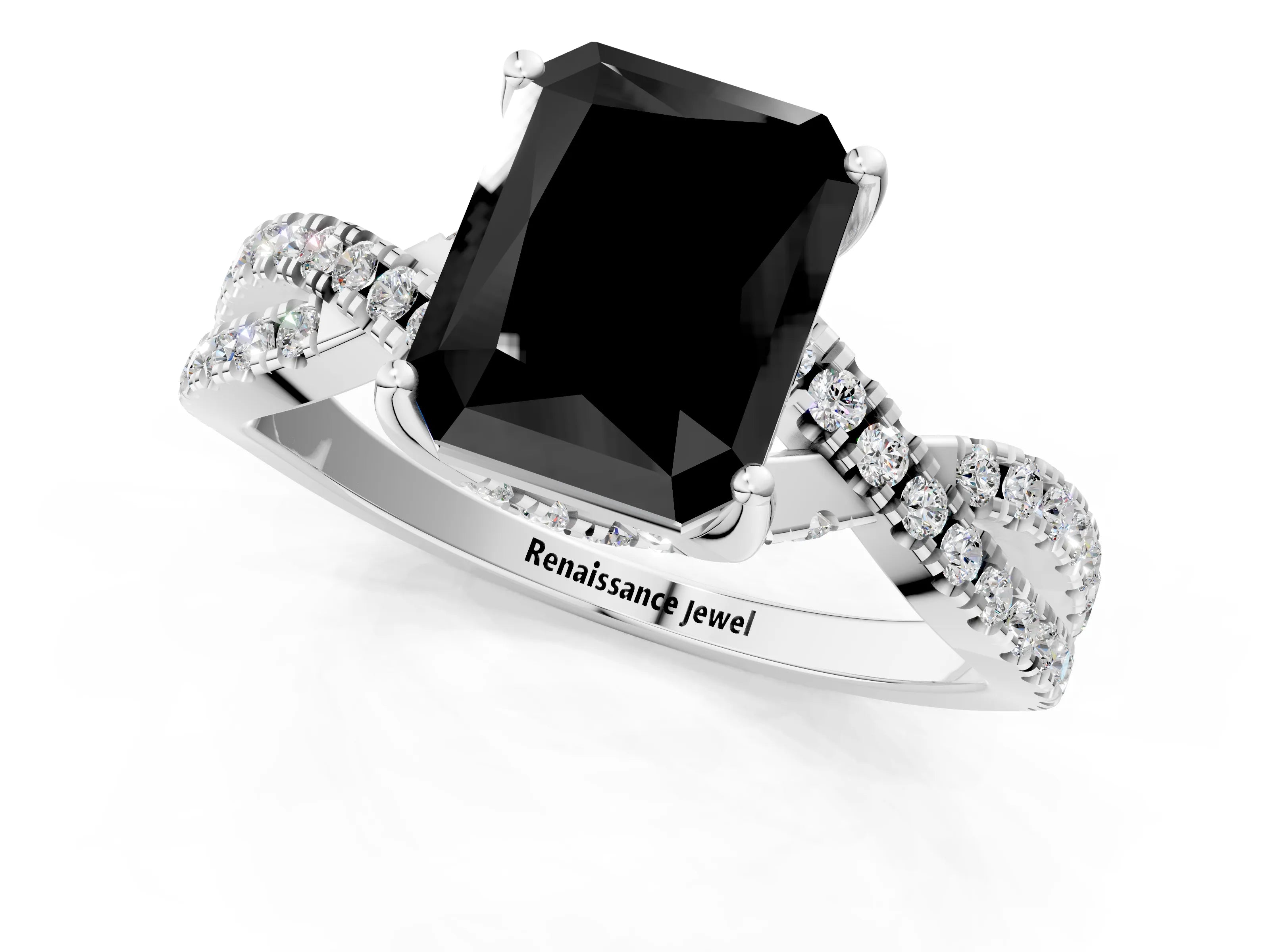 White gold Fancy Black Radiant Cut Solitaire Twist Pave Diamond Engagement Ring with Prong Setting_8