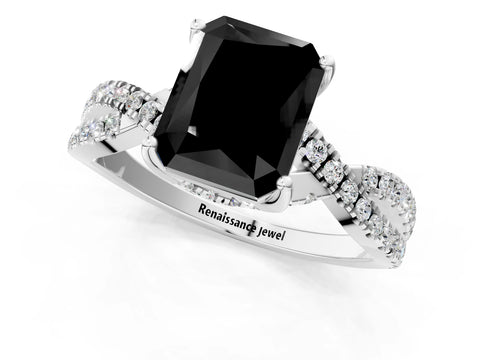 White gold Fancy Black Radiant Cut Solitaire Twist Pave Diamond Engagement Ring with Prong Setting_8