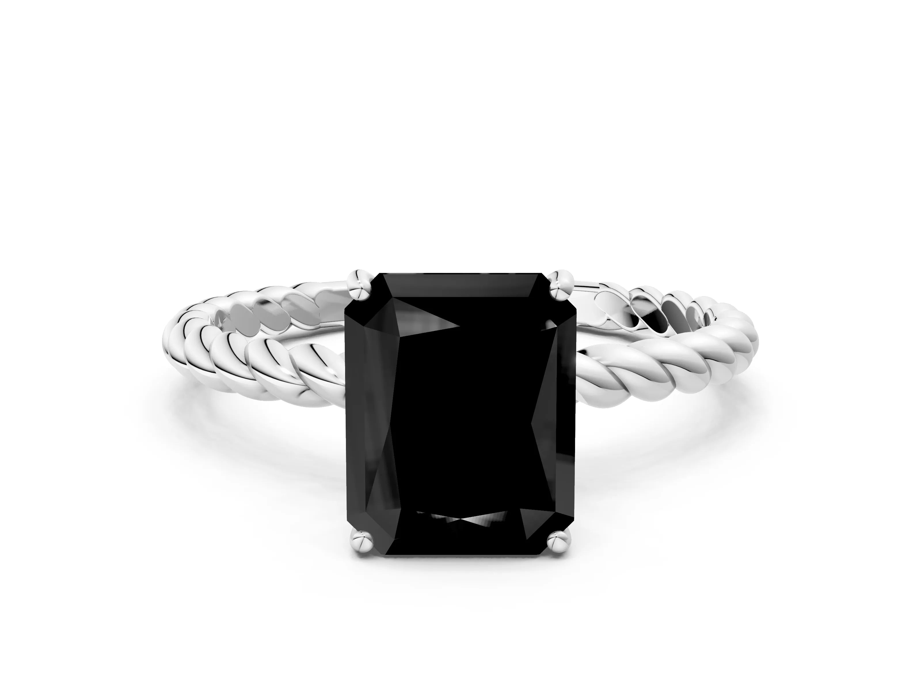 White gold Fancy Black Radiant Cut Solitaire Twisted Band 4-Prong Ring_24