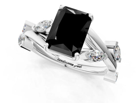 White gold Fancy Black Radiant Cut Solitaire Twisted Band Marquise Accent Prong Setting Ring_1