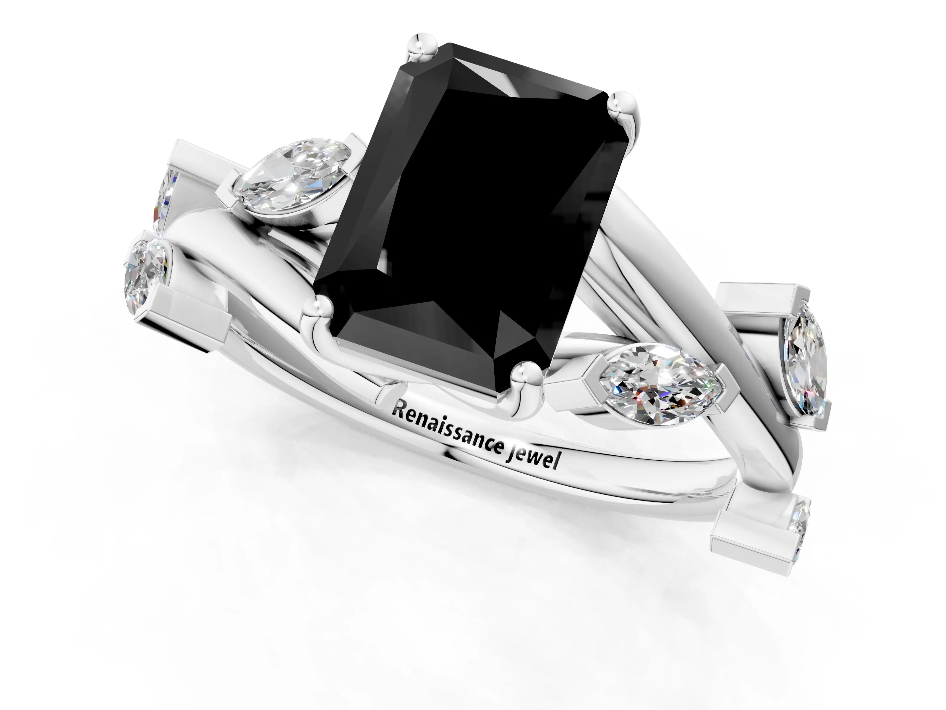 White gold Fancy Black Radiant Cut Solitaire Twisted Band Marquise Accent Prong Setting Ring_1