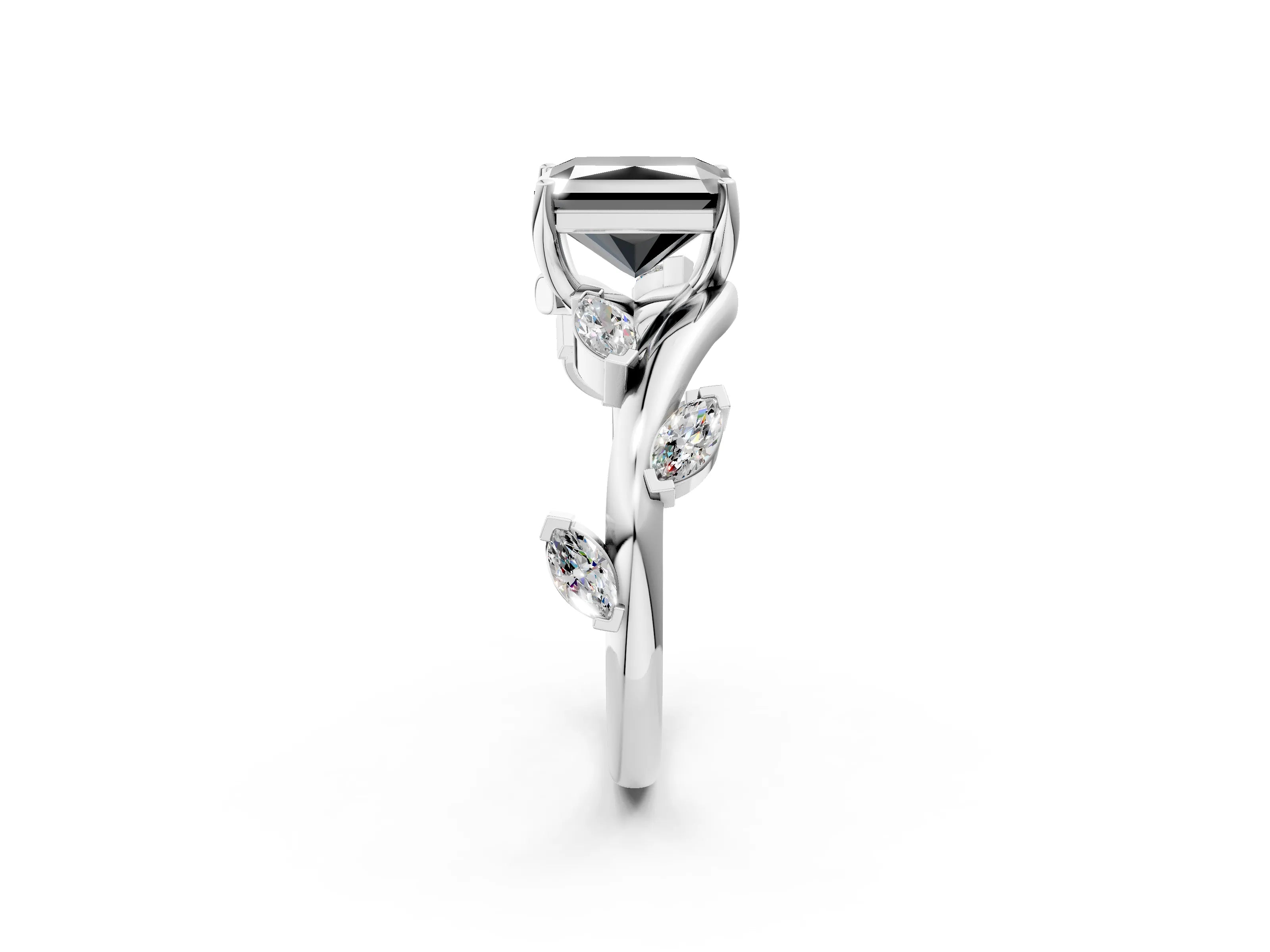 White gold Fancy Black Radiant Cut Solitaire Twisted Band Marquise Accent Prong Setting Ring_2