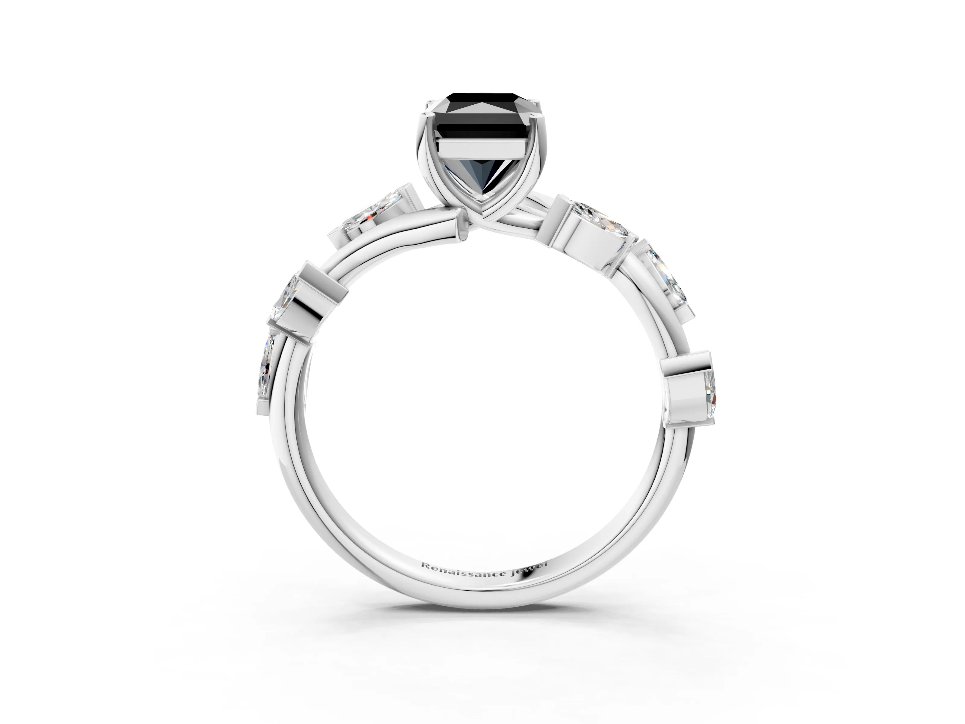 White gold Fancy Black Radiant Cut Solitaire Twisted Band Marquise Accent Prong Setting Ring_3