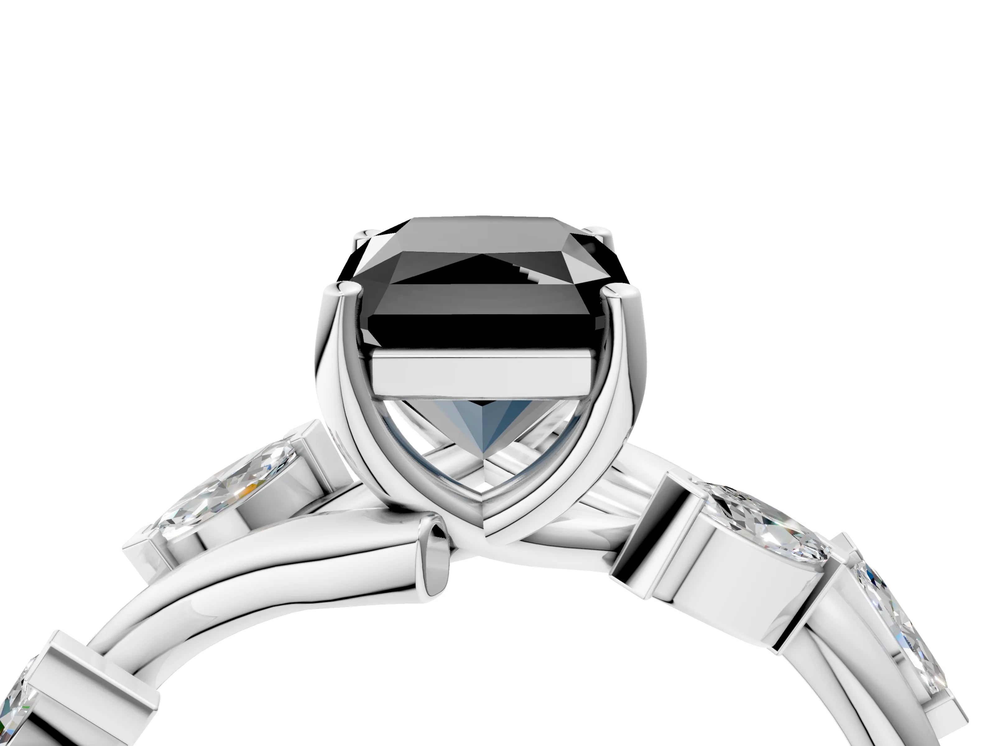 White gold Fancy Black Radiant Cut Solitaire Twisted Band Marquise Accent Prong Setting Ring_4