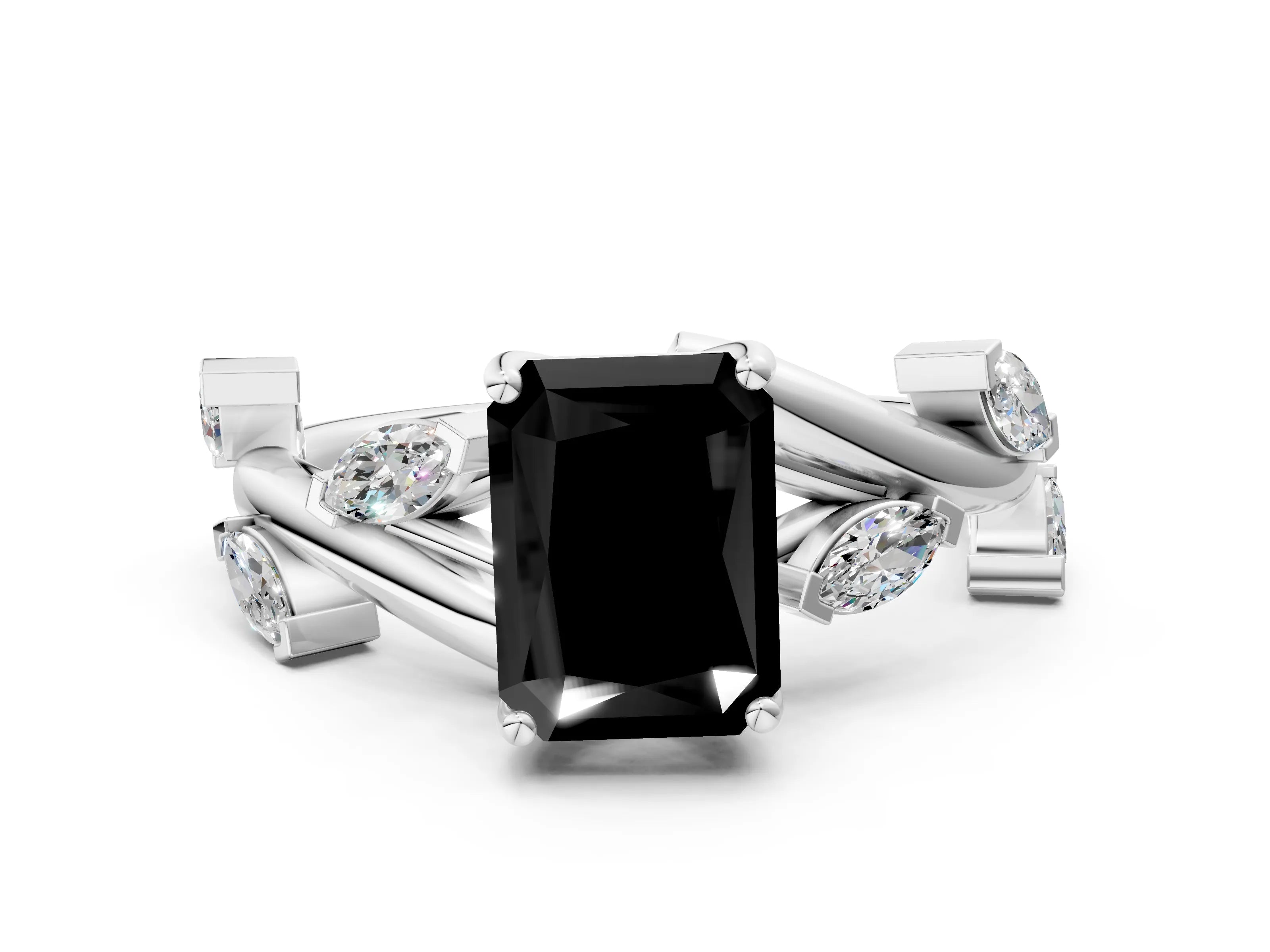 White gold Fancy Black Radiant Cut Solitaire Twisted Band Marquise Accent Prong Setting Ring