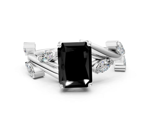 White gold Fancy Black Radiant Cut Solitaire Twisted Band Marquise Accent Prong Setting Ring