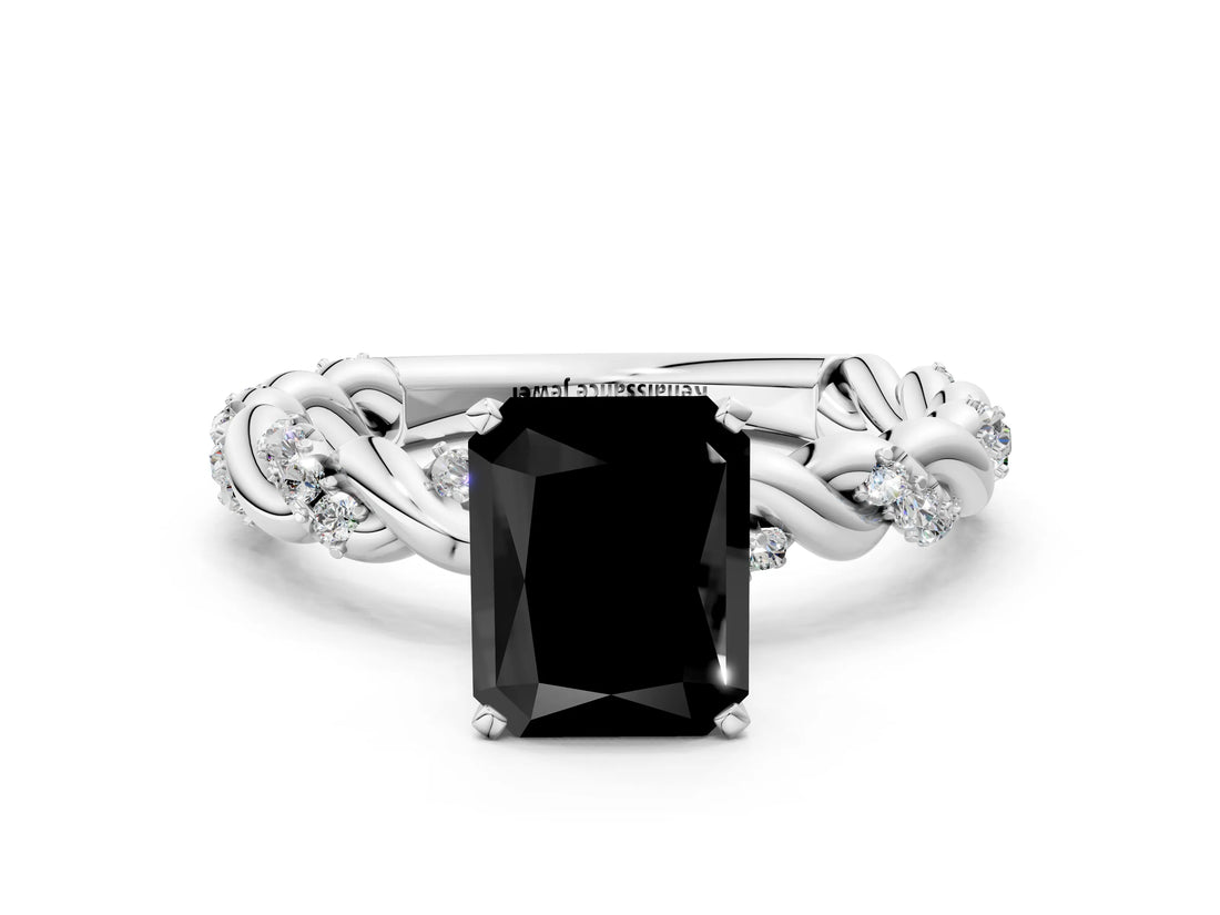 White gold Fancy Black Radiant Cut Solitaire Twisted Band with Pavé Accents and Four-Prong Setting
