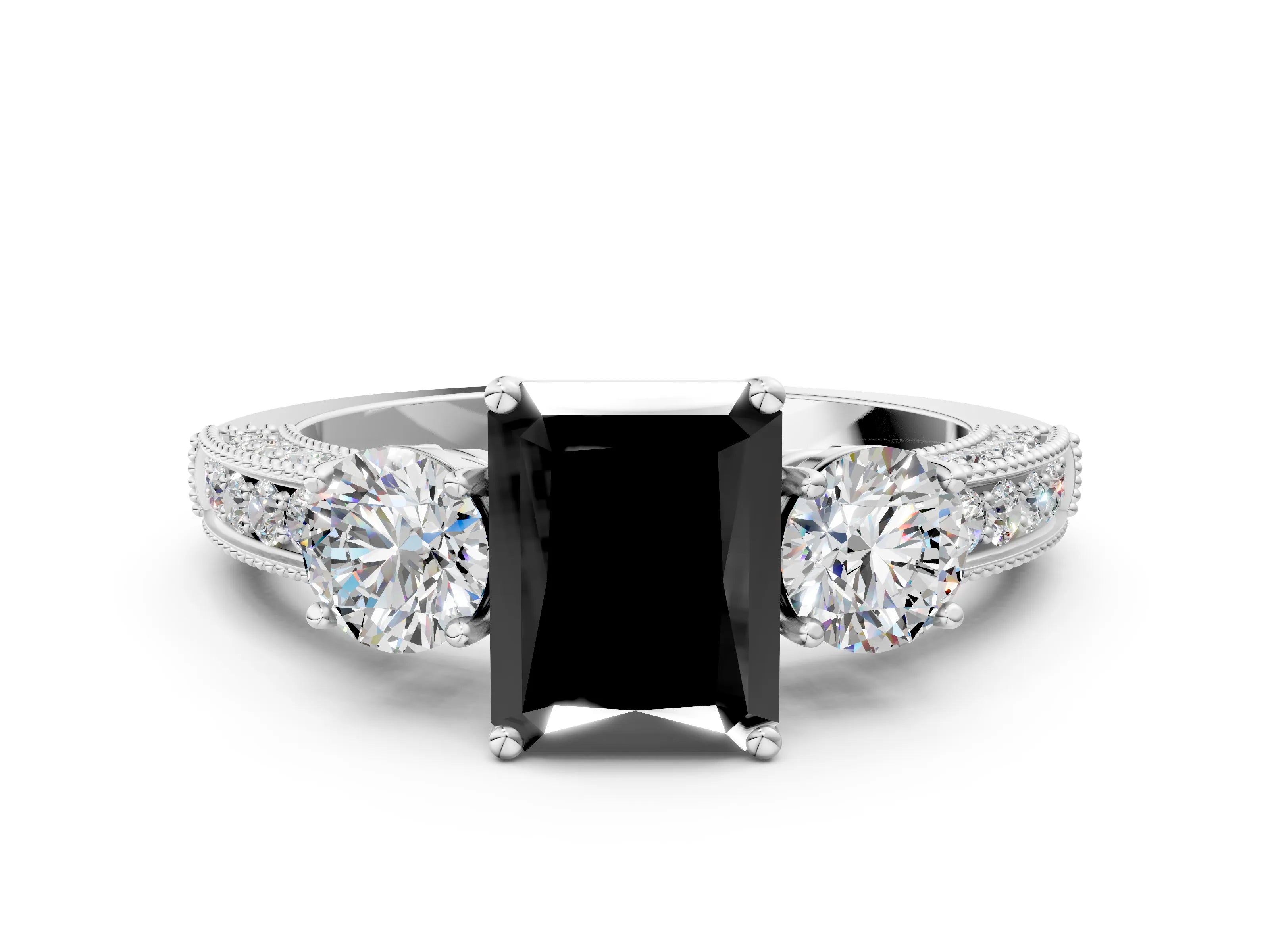 White gold Fancy Black Radiant Cut Three-Stone Diamond Ring with Pavé Band and Four-Prong Setting_12