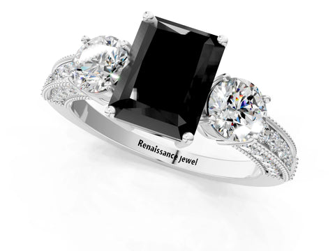 White gold Fancy Black Radiant Cut Three-Stone Diamond Ring with Pavé Band and Four-Prong Setting_13