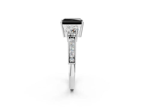 White gold Fancy Black Radiant Cut Three-Stone Diamond Ring with Pavé Band and Four-Prong Setting_14