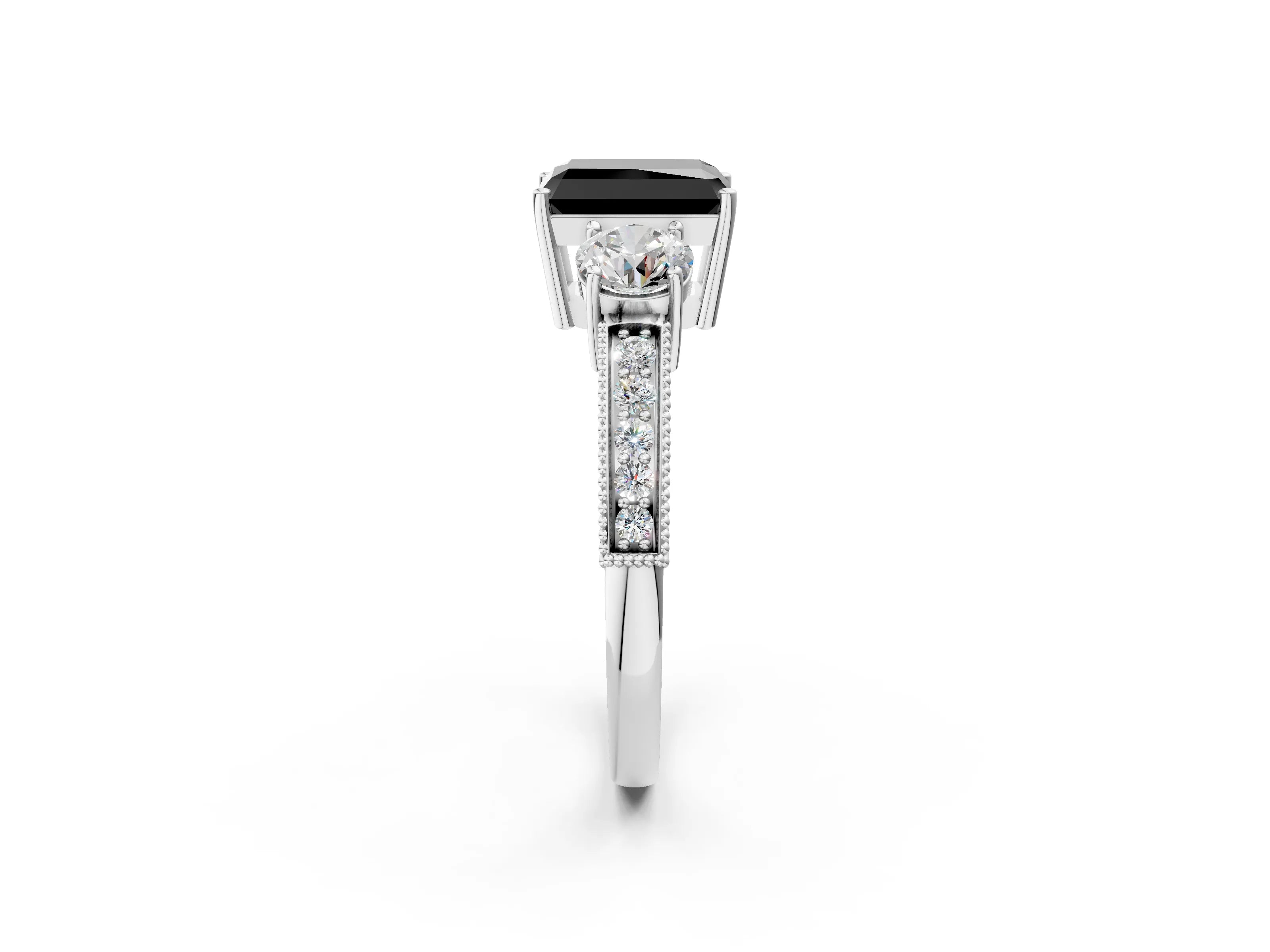 White gold Fancy Black Radiant Cut Three-Stone Diamond Ring with Pavé Band and Four-Prong Setting_14