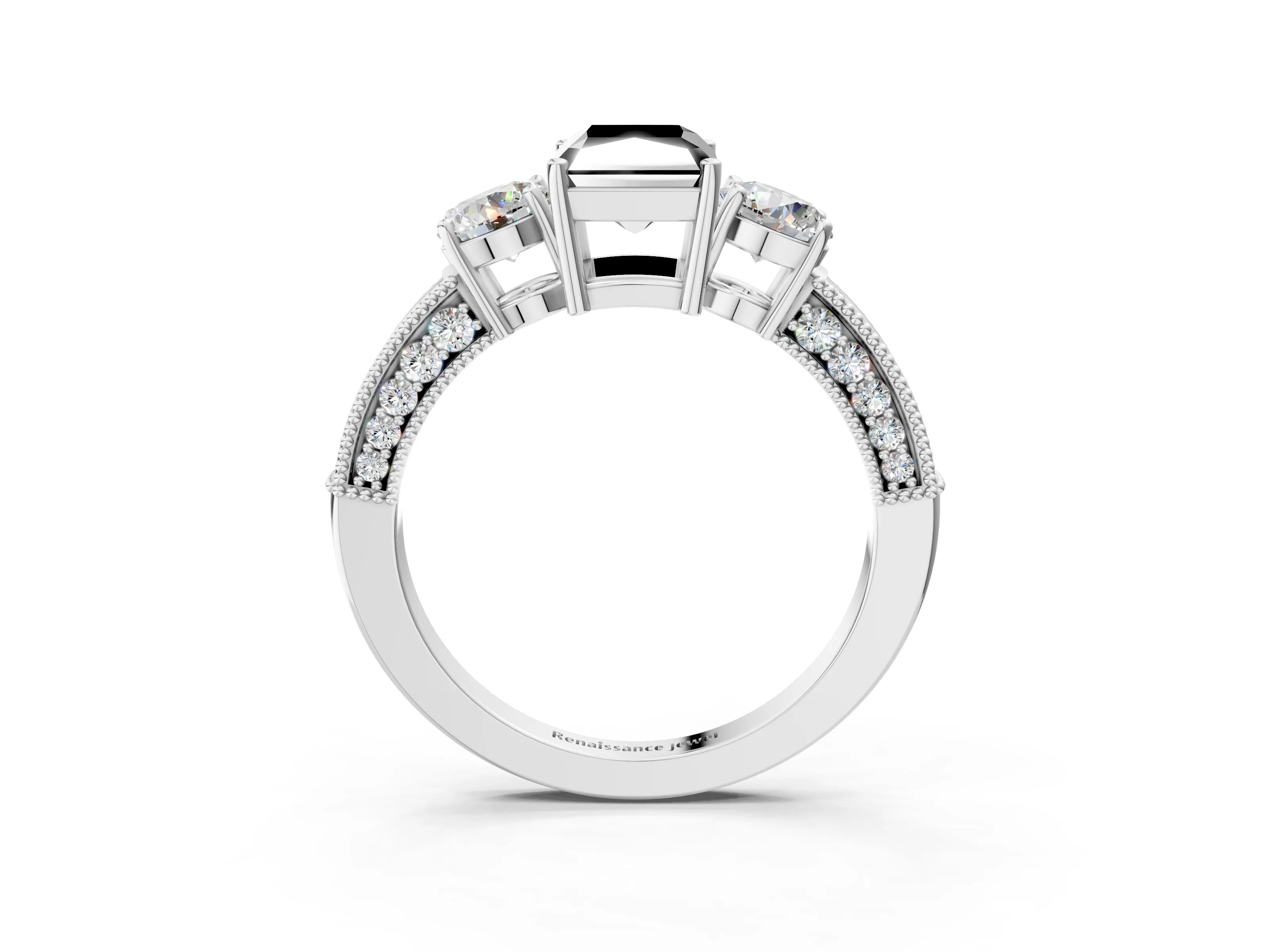 White gold Fancy Black Radiant Cut Three-Stone Diamond Ring with Pavé Band and Four-Prong Setting_15