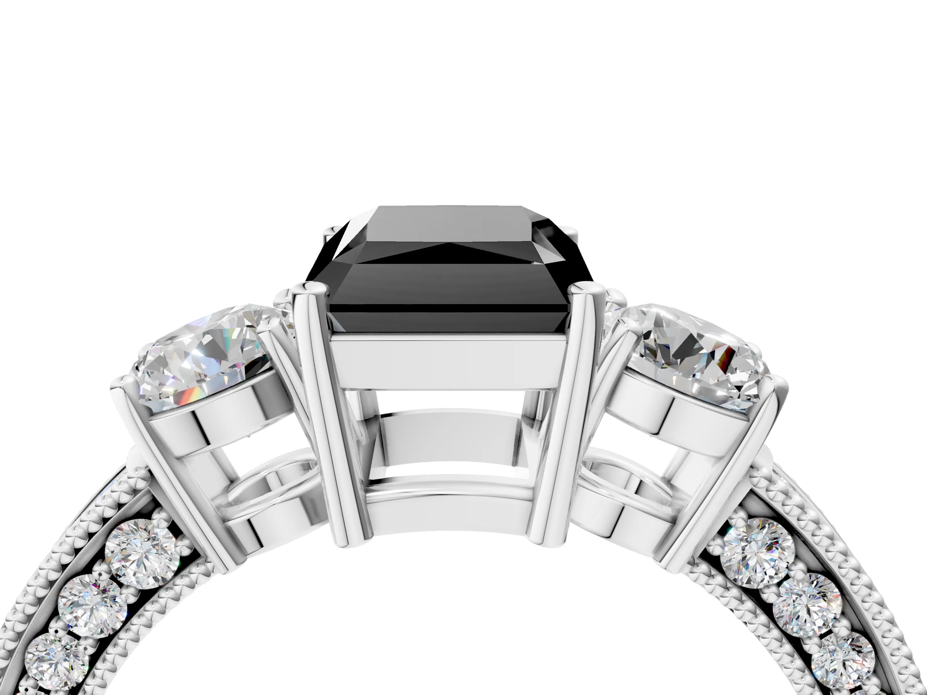White gold Fancy Black Radiant Cut Three-Stone Diamond Ring with Pavé Band and Four-Prong Setting_16
